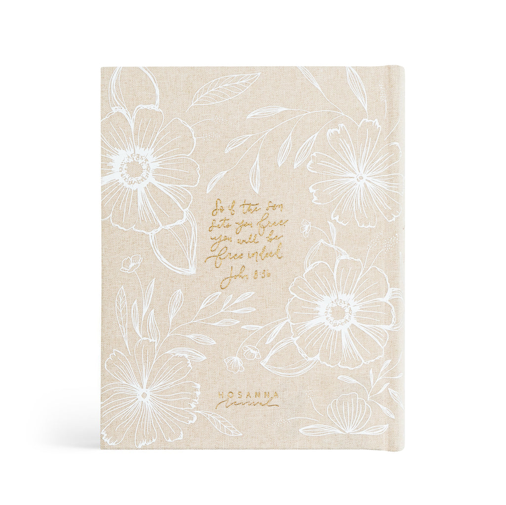 Aesthetic Back of Bible Cover, beige linen with white flowers and gold foil lettering