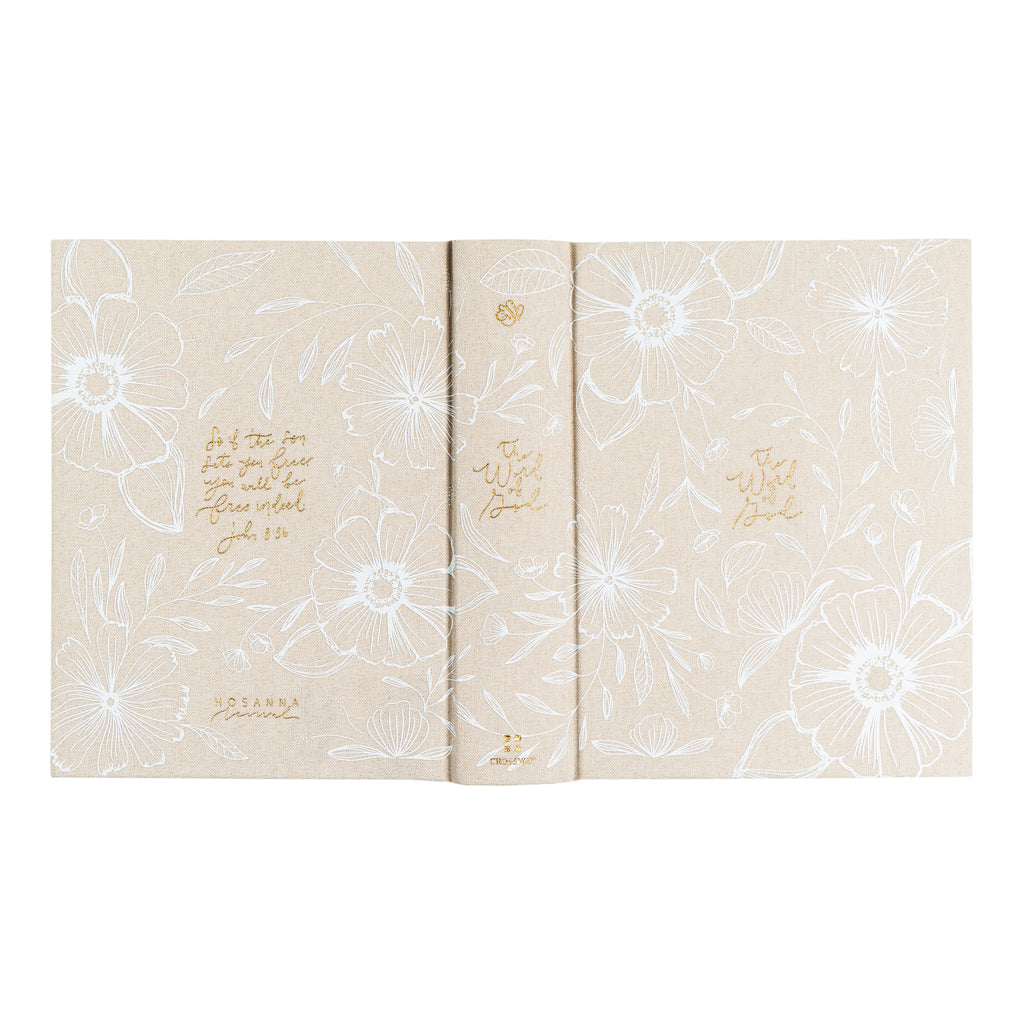 Whole Aesthetic Bible Cover, beige linen with white flowers and gold foil lettering: ESV Bible, the Word of God