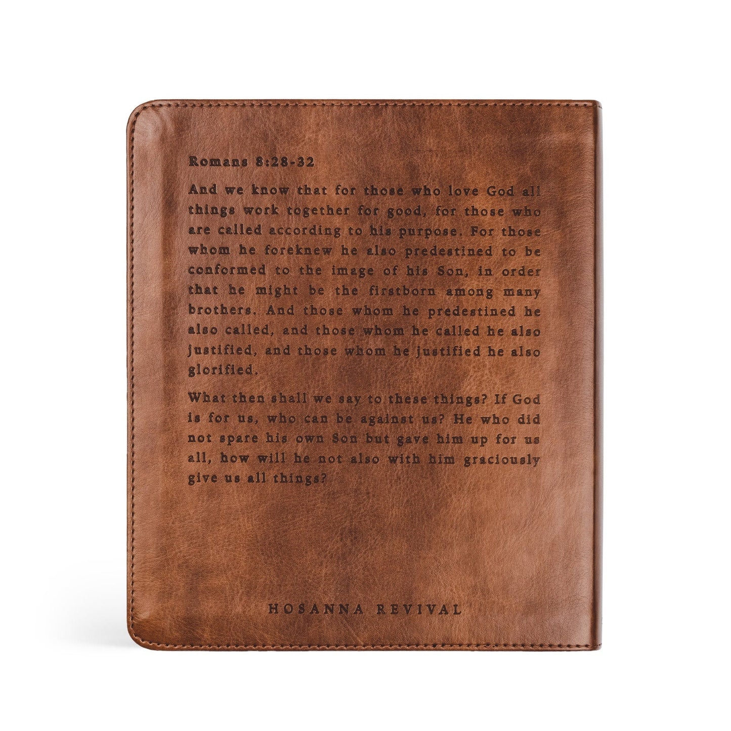 Back cover of leather looking Bible with Romans 8:28-32