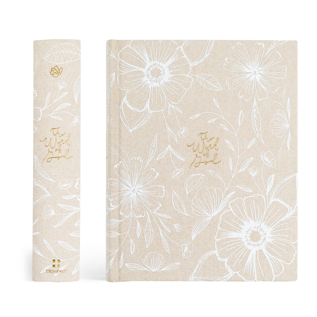 Spine and Aesthetic Bible Cover, beige linen with white flowers and gold foil lettering